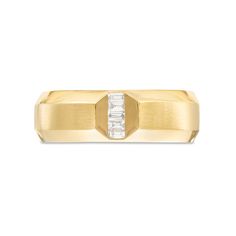 Seal your vows with a look that complements his modern taste - this baguette-cut diamond five-stone wedding band from the Vera Wang Love Collection. Created in 14K gold The center shines with five channel-set baguette-cut diamonds in a linear row. Beveled edges add subtle depth to the design. Set inside the shank, a blue sapphire is the signature of the collection and a symbol of faithfulness and everlasting love. This wedding band captivates with 1/10 ct. t.w. of diamonds. Designed for the Diamond Store®. Luxury Baguette Ring For Formal Occasions, Designer Wedding Jewelry With Baguette Diamonds, Designer Jewelry With Baguette Diamonds For Wedding, Luxury Yellow Gold Wedding Ring With Baguette Diamonds, Luxury Yellow Gold Baguette Diamond Wedding Rings, Luxury Octagon Diamond Cut Wedding Ring, Rectangular Baguette Diamond Wedding Ring, Classic Yellow Gold Wedding Ring With Baguette Diamonds, Timeless Gold Wedding Ring With Baguette Diamonds