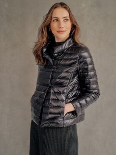 Elevated with frog button closures and bracelet sleeves, the Hayes is a sleek, sophisticated puffer you can wear from day to evening. | J.McLaughlin Women's Hayes Puffer Jacket Shiny Black, Size Small | Nylon Puffer Jacket Women, J Mclaughlin, Women's Jackets, Puffer Jacket, Outerwear Jackets, Puffer, Jackets For Women, Sleek, Size Medium