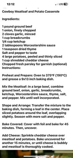 the recipe for cowboy meat and potato casserole is shown in an image above