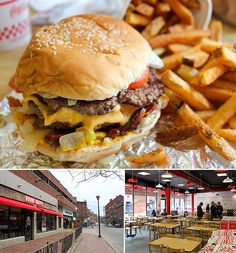 a cheeseburger and french fries on tin foil