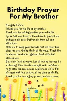 a birthday prayer for my brother with candles and stars on yellow background that says, happy father