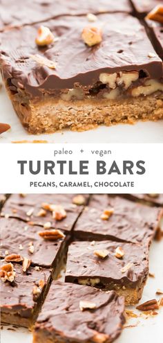 chocolate turtle bars with pecans and coconut on top, cut in half to look like they are vegan