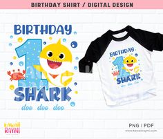 two birthday shirts with the number one shark and an image of a shark on it