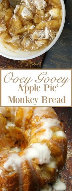 an apple pie monkey bread with icing on top and another photo in the background