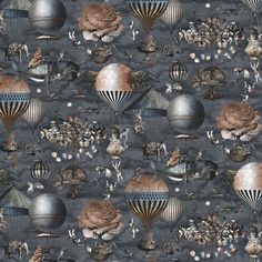 an image of a pattern with hot air balloons and other things in the sky on a dark background