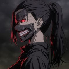 an anime character with red eyes and black hair in front of a dark sky background