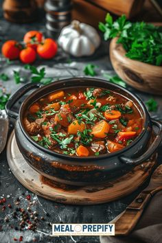 a bowl of stew with carrots, parsley and tomatoes on a table next to other vegetables