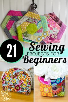 sewing projects for beginners with text overlay that reads 21 sewing projects for beginners