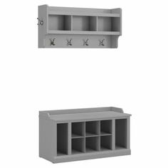 two shelves with hooks on the top and bottom, one in grey painted wood color