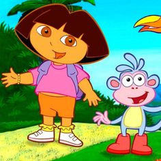 dora the monkey and her friends are talking to each other in front of a bird