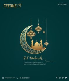 the eid mubarak greeting card with lanterns and mosques on green background