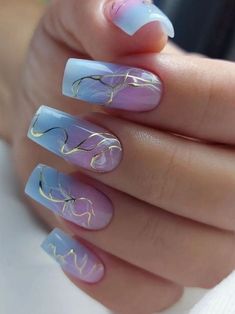 baby blue and pink ombre nails with swirls Gorgeous Nails Spring, Spring Abstract Nails, Fantasy Nail Art, Ombre Nail Design, Fancy Nails Designs, Colorful Nails, Summery Nails, Her Nails