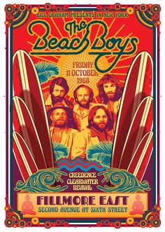 the beach boys concert poster with surfboards