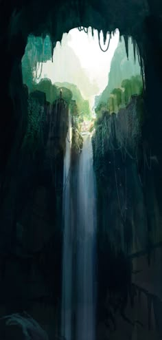 a waterfall in the middle of a cave