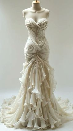 a white dress with ruffles on it and a mannequin headdress