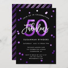 purple and black 50th birthday party card