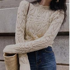 Streetwear Korean, Cotton Decorations, Vintage Pullover, Heavy Work, Women Sleeve, Office Casual, Crochet Sweater, Office Ladies, Vintage Chic