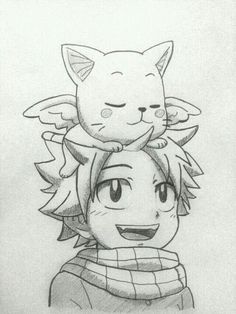 a drawing of an anime character with a cat on top of his head and another person behind him