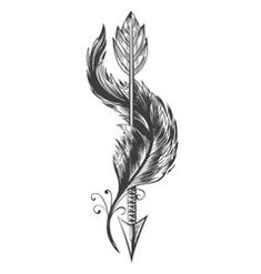 a black and white drawing of a feather with a dagger on it's tip