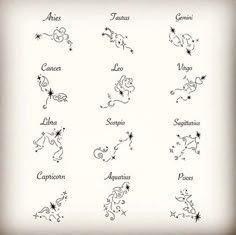 zodiac signs and their names in black ink on white paper, with stars above them