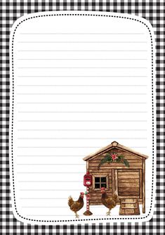 a black and white checkered background with a chicken in front of a wooden cabin