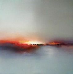 an abstract painting of the sun setting over water