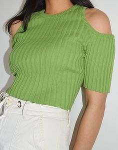 Mundaka Studio Green Rib Knit Shoulder Cut Out Top Technical Background, Rib Knit Top, Cut Out Top, Ribbed Knit Top, Shoulder Cut, Recycled Denim, Knitwear Design, Knitted Tshirt, Knit Pants