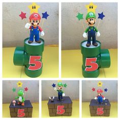 there are four pictures of mario on top of the cupcakes that were made to look like stars