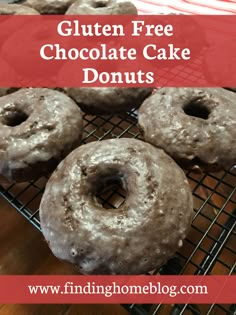 gluten free chocolate cake donuts on a cooling rack with text overlay