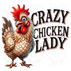 the crazy chicken lady logo is shown on a white background with an orange and blue rooster