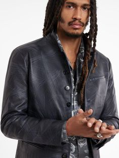 Shop the LASSEN JACKET at John Varvatos with free US shipping over $250. Designer Stand Collar Blazer For Fall, Designer Fall Blazer With Stand Collar, Designer Blazer With Stand Collar For Fall, Tailored Leather Jacket With Button Closure For Fall, Designer Blazer With Stand Collar And Buttons, Rugged Long Sleeve Distressed Leather Jacket, Levi's Long Sleeve Leather Jacket With Pockets, John Varvatos Menswear, John Varvatos Artisan