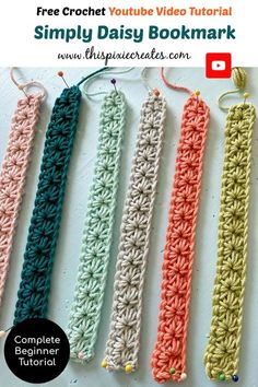 four crocheted bookmarks with text overlay