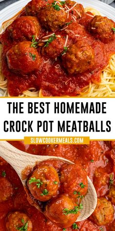 Homemade crockpot meatballs over a plate of pasta. Homemade Meatballs In Crockpot, Easy Crockpot Meatballs 3 Ingredients, Easy Frozen Meatball Recipes Crockpot, Homemade Crockpot Meatballs, Salary Meatballs Crockpot, Fully Cooked Meatballs In Crockpot, Homemade Meatballs Crockpot, Easy Meatballs, Crockpot Meatballs