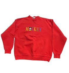 Vintage Disney Mickey 90s USA Embroidered Crewneck Sweatshirt Pullover XL Red. Vintage Red Sweatshirt For Streetwear, Vintage Disney Crewneck, Red Long Sleeve Mickey Mouse Sweatshirt, Vintage Mickey Sweatshirt, Red Vintage Sweatshirt For Sports, 90s Red Cotton Sweatshirt, Embroidered Crewneck, Vintage Mickey, Vintage Disney