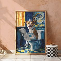 a painting of a dog sitting on top of a toilet in front of a window