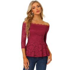 The delicate floral lace adds an elegant touch to this lightweight off-shoulder top and lends a sweet and romantic style to this peplum top. This casual top screams romance with its floral lace detailing, combining lavish floral lace for a cozy and feminine collaboration. This refreshing chic floral lace top will add a romantic vibe to your wardrobe, as well as the vintage and sweet style. Sophisticated yet romantic, this 3/4 sleeve top hits all the right notes with the floral lace. The lovely l Off Shoulder Peplum Top, Floral Lace Top, Floral Lace Tops, Festival Costumes, Top Hits, Lace Peplum, Chic Top, Peplum Blouse, Hem Style