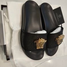 Versace Size 36 *New Luxury Black Flat Heel Sandals, Luxury Black Sandals, Versace Slides, Versace Sandals, Jelly Flip Flops, Grey Sandals, Versace Gold, Versace Shoes, Slides Women