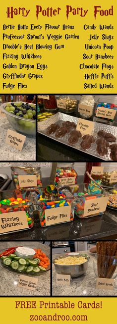 the harry potter party food menu is shown in three different pictures, including cake and candy