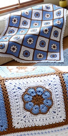 crocheted granny granny afghan with blue and brown flowers on it, next to a photo