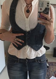 Outfits With Button Up Vests, Jean Vest Aesthetic, Mini Denim Vest Outfit, Tiny Vest Outfit, Demin Vest Outfits Aesthetic, Denim Waist Coat Outfit, Layer Vest Outfit, Jean Vest Outfits 70s, 2023 Vest Outfit