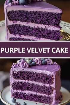 a purple velvet cake with blueberries on top and the words purple velvet cake above it