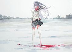 a drawing of a girl standing in the water with her hair blowing back and blood on the ground