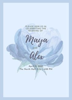 the wedding announcement is shown in blue and white with a watercolor rose on it