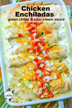 Chicken enchiladas topped with pico de Gallo on a white baking dish. White Chicken Enchiladas, Fitness Humor, Sour Cream Sauce, Cookies Bars, Chicken Enchilada, White Chicken, Chicken Enchiladas, Green Chilies