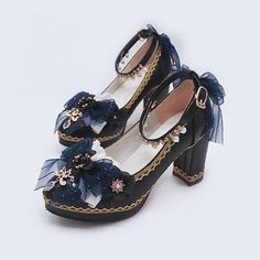 Starry Night Lolita Buckle Bow Pearl Princess Dance Shoes MK16343 - mkkawaiishop Dark Blue Shoes Aesthetic, Space Shoes Aesthetic, Genshin Shoes Ideas, Starry Aesthetic Clothes, Shoes Fantasy Design, Pretty Shoes Aesthetic, Blue Aesthetic Shoes, Starry Shoes, Starry Accessories