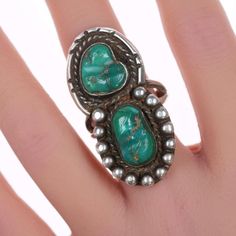 sz7.5 Vintage Native American sterling and carved turquoise ring 44mm long 15.2
grams. Unmarked, circa 50's-60's.

All precious metals are tested and guaranteed, any Native American jewelry
referred to as Silver or Sterling is guaranteed to be a minimum of 90% (coin)
silver and possibly higher content. Anything marked is guaranteed to be what
it's marked, most bracelets are photographed on a 6" wrist (non hairy), rings
photographed on the appropriate sized finger when possible. With bracelets if Vintage Green Turquoise Ring With Inlay, Collectible Engraved Turquoise Ring, Vintage Sterling Silver Turquoise Ring With Inlay, Vintage Green Turquoise Ring Stamped 925, Vintage Sterling Silver Turquoise Ring, Vintage Stamped 925 Turquoise Collectible Ring, Antique Turquoise Ring With Patina, Vintage Turquoise Ring With Inlay, Vintage Turquoise Inlay Ring