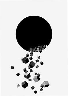 an abstract black and white photo with cubes falling from the sky