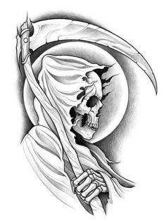 a drawing of a skeleton with a knife in it's hand and the moon behind it