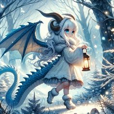 a white haired girl holding a lantern in the woods with a dragon on her back