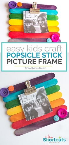 popsicle stick picture frame made out of colored paper and buttons with the text easy kids craft popsicle stick picture frame